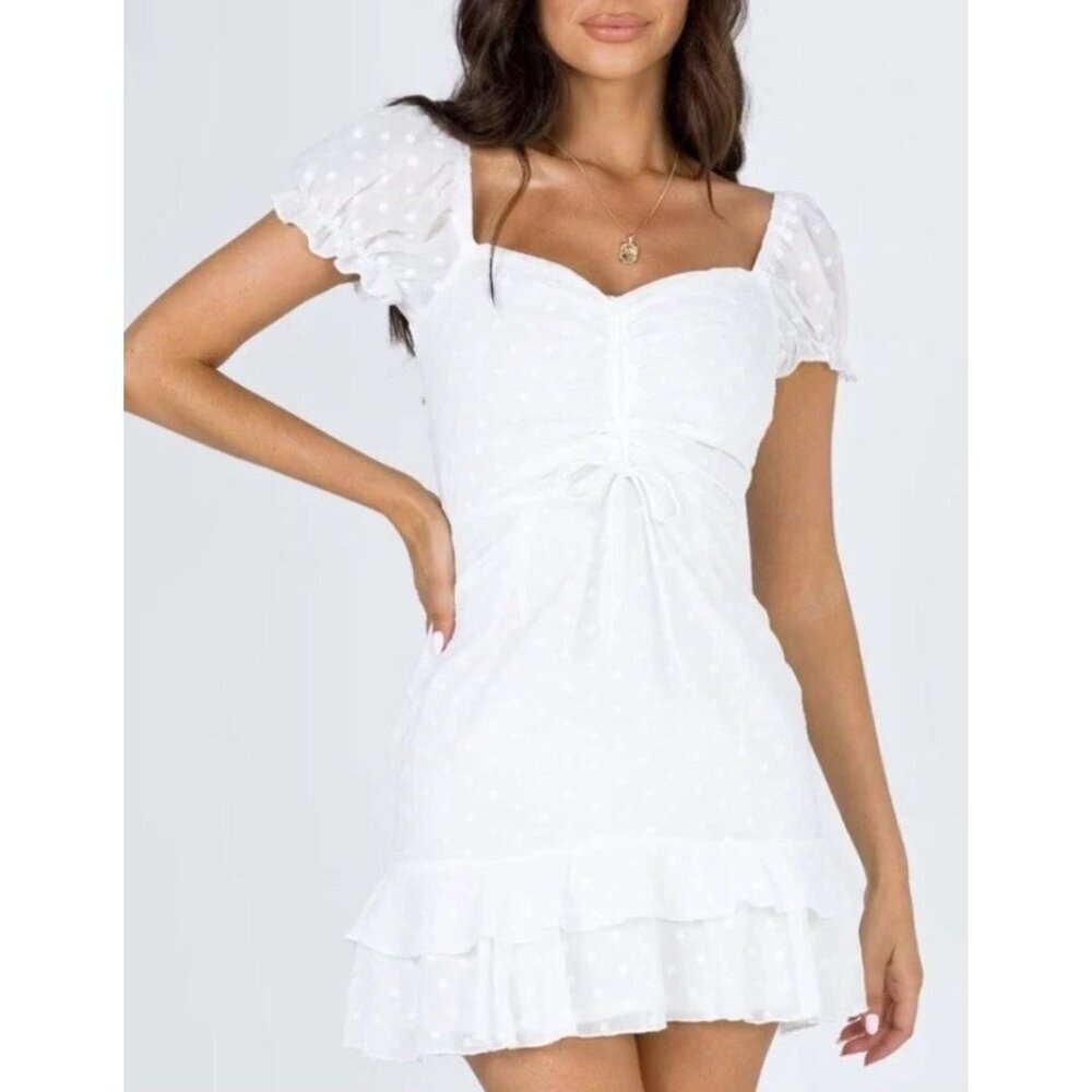 Princess Polly Mikail White Embroidered Mini Dress Size 2 Milkmaid Cottage Y2K